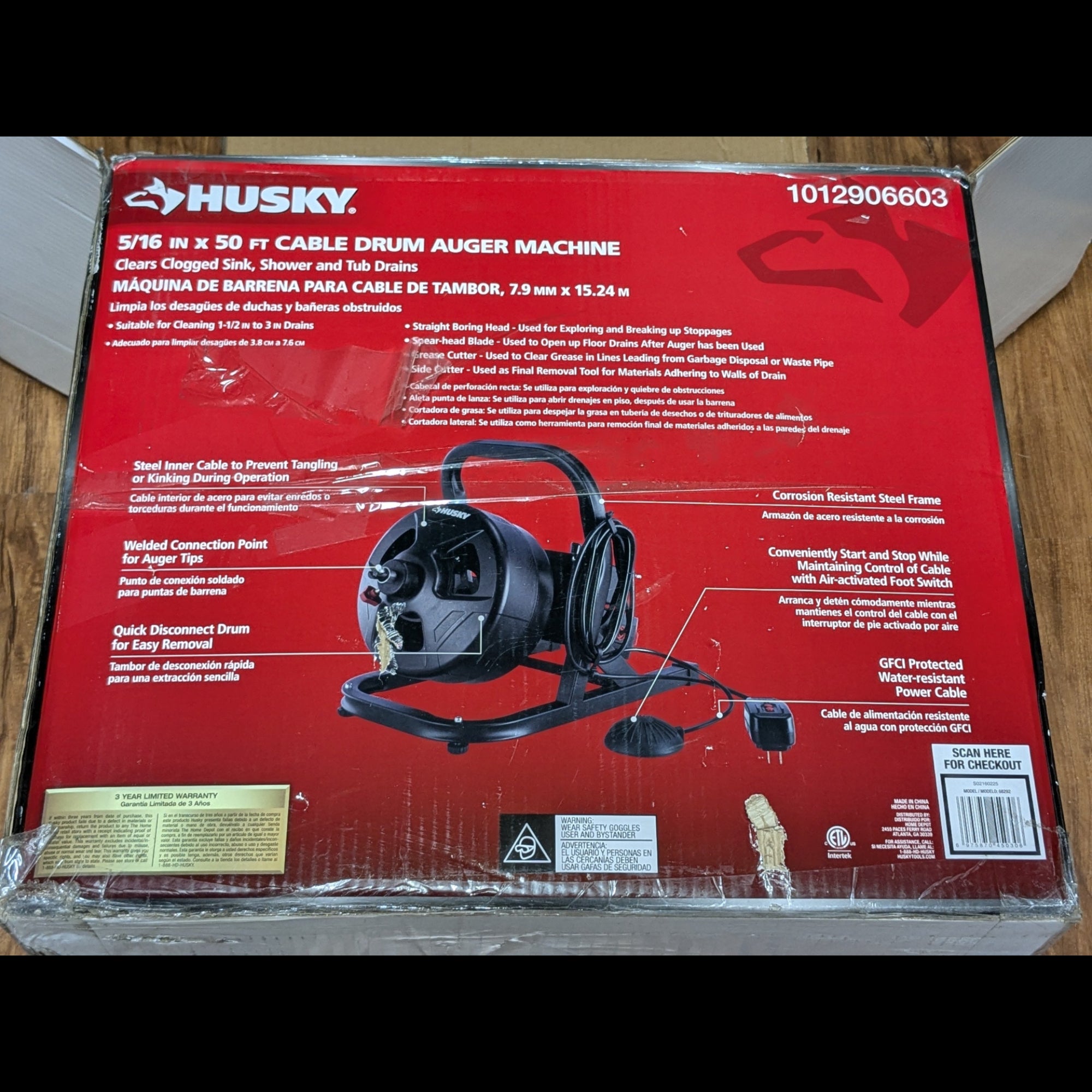 Husky 5/16 in. x 50 ft. Drum Auger Machine – Drain Cleaning Snake with Foot Switch (Used)