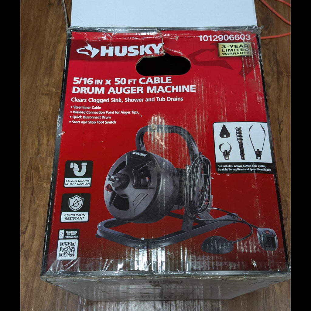 Husky 5/16 in. x 50 ft. Drum Auger Machine – Drain Cleaning Snake with Foot Switch (Used)