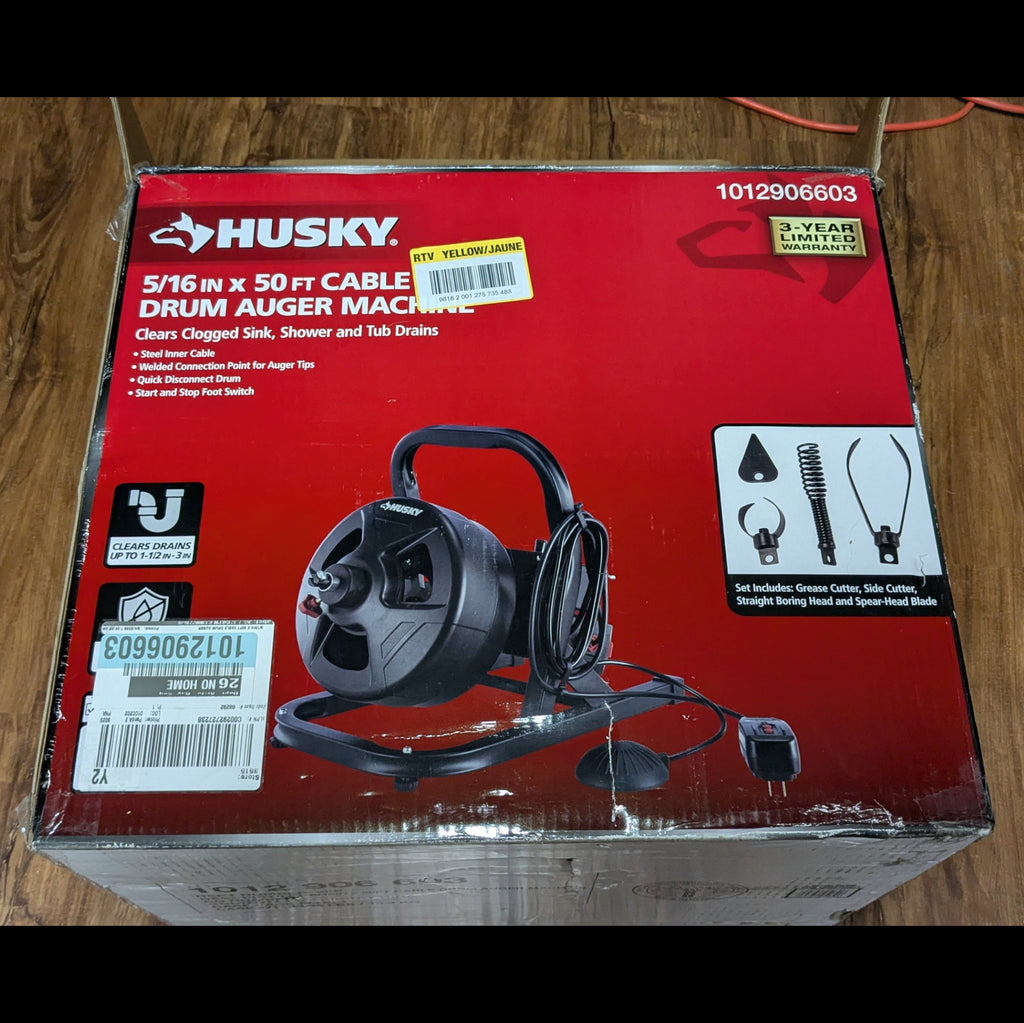 Husky 5/16 in. x 50 ft. Drum Auger Machine – Drain Cleaning Snake with Foot Switch (Used)