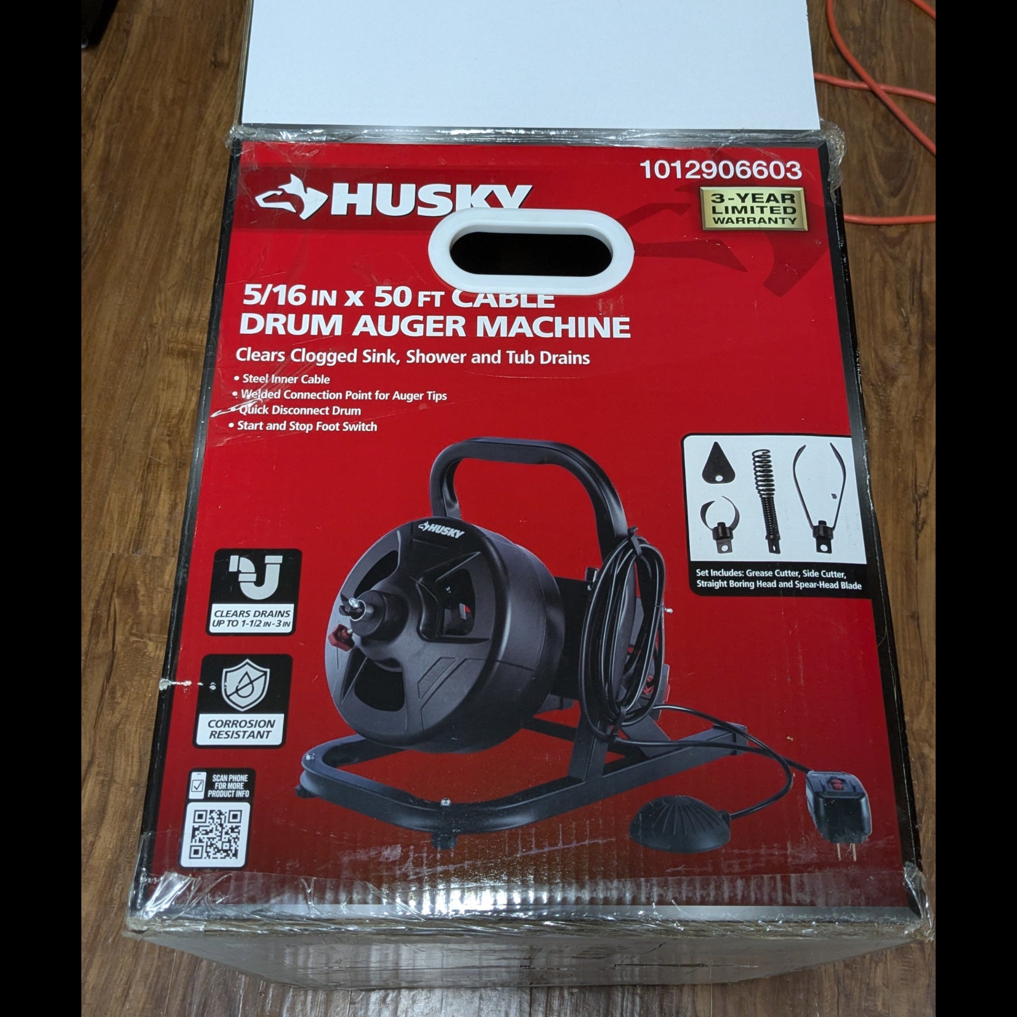 Husky 5/16 in. x 50 ft. Drum Auger Machine – Drain Cleaning Snake with Foot Switch (Used)