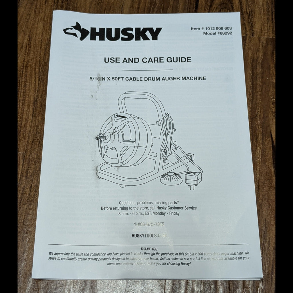 Husky 5/16 in. x 50 ft. Drum Auger Machine – Drain Cleaning Snake with Foot Switch (Used)